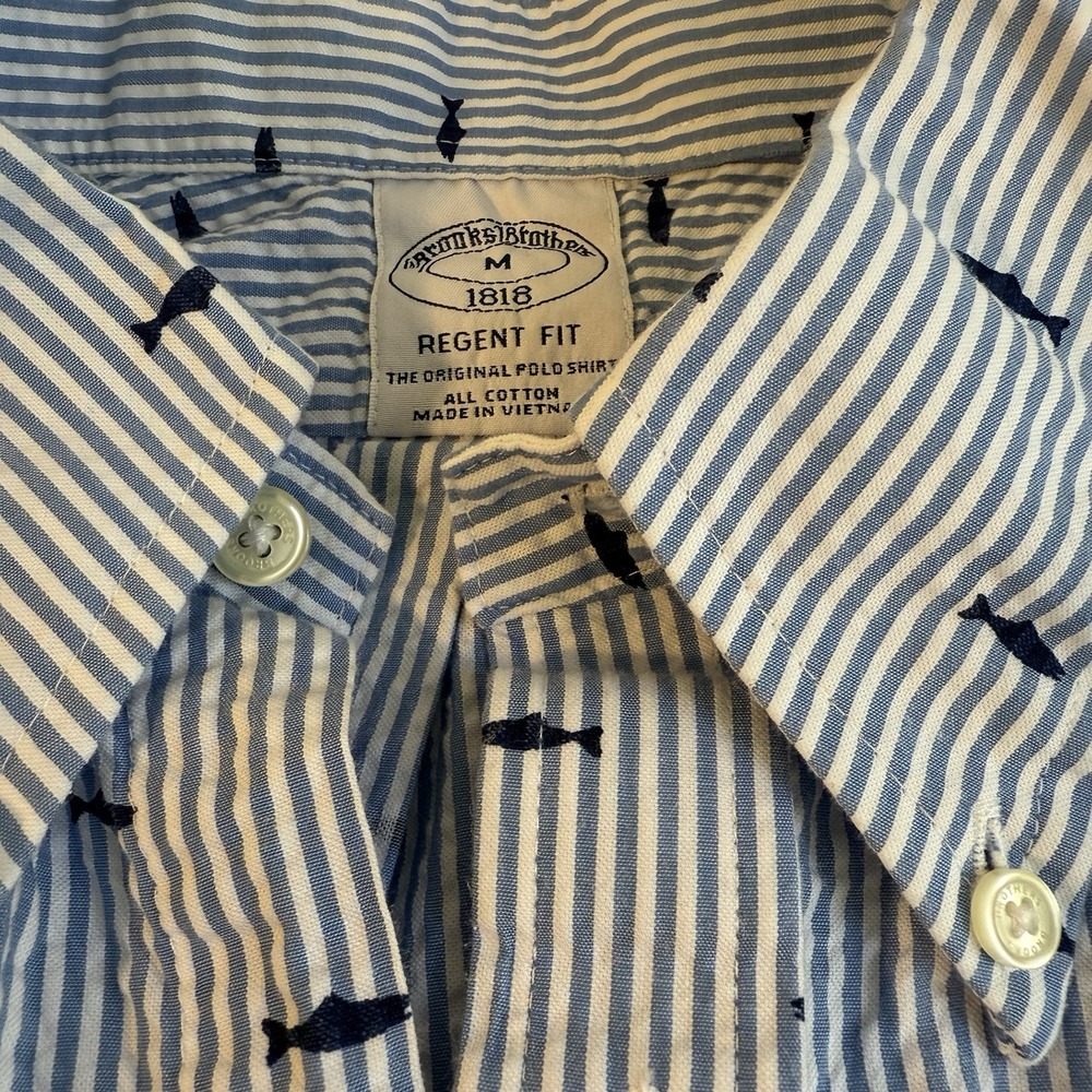 Brooks Brothers‎ Shirt Mens M Fish Print Seersucker Blue Regent Fit Preppy